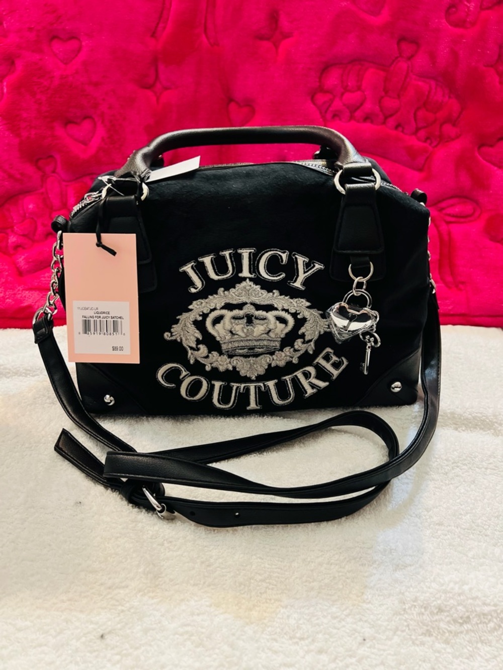 Juicy Couture Black Embroidered Logo Satchel with Heart Charm